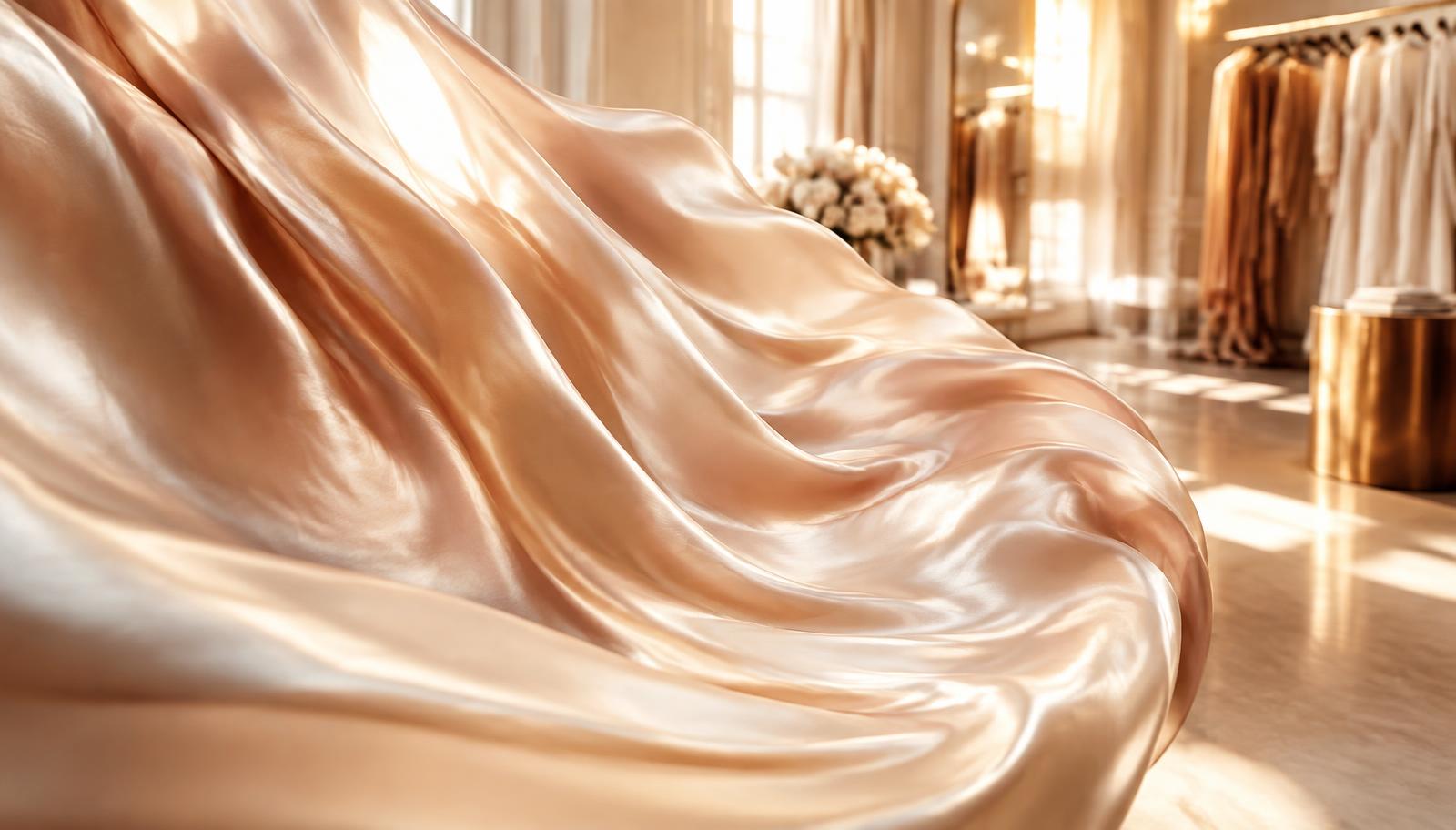 Champagne silk catching warm light in the atelier