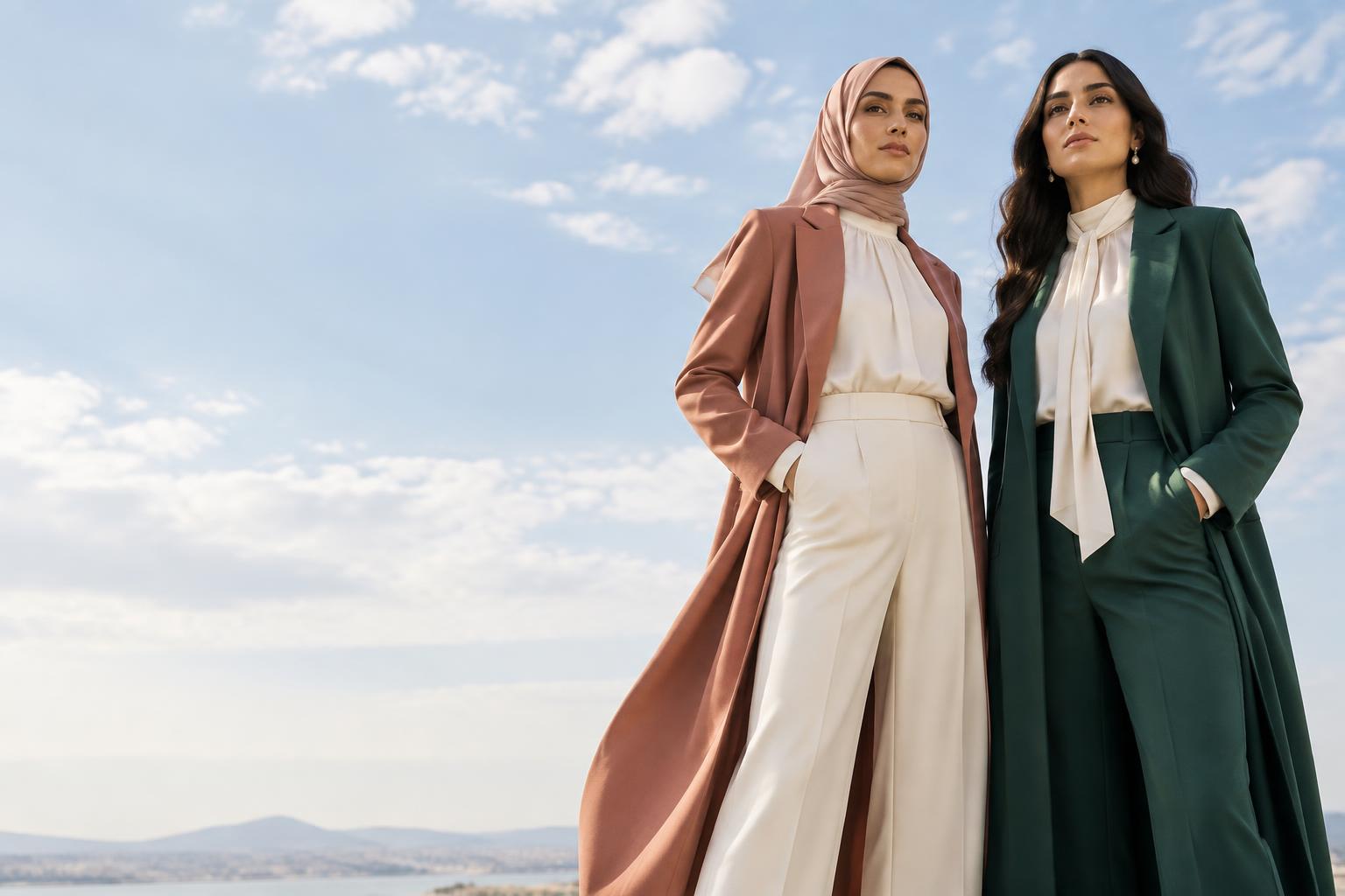 Two women in Aisha Haseen rose and emerald tailoring