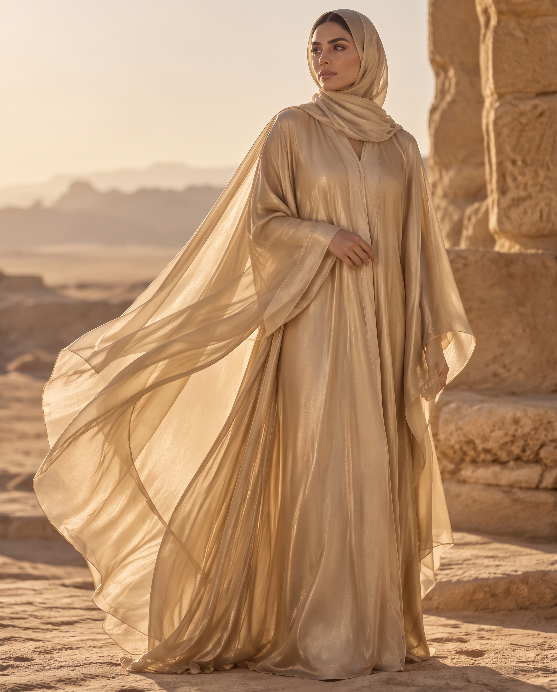 Woman wearing a flowing champagne modest gown