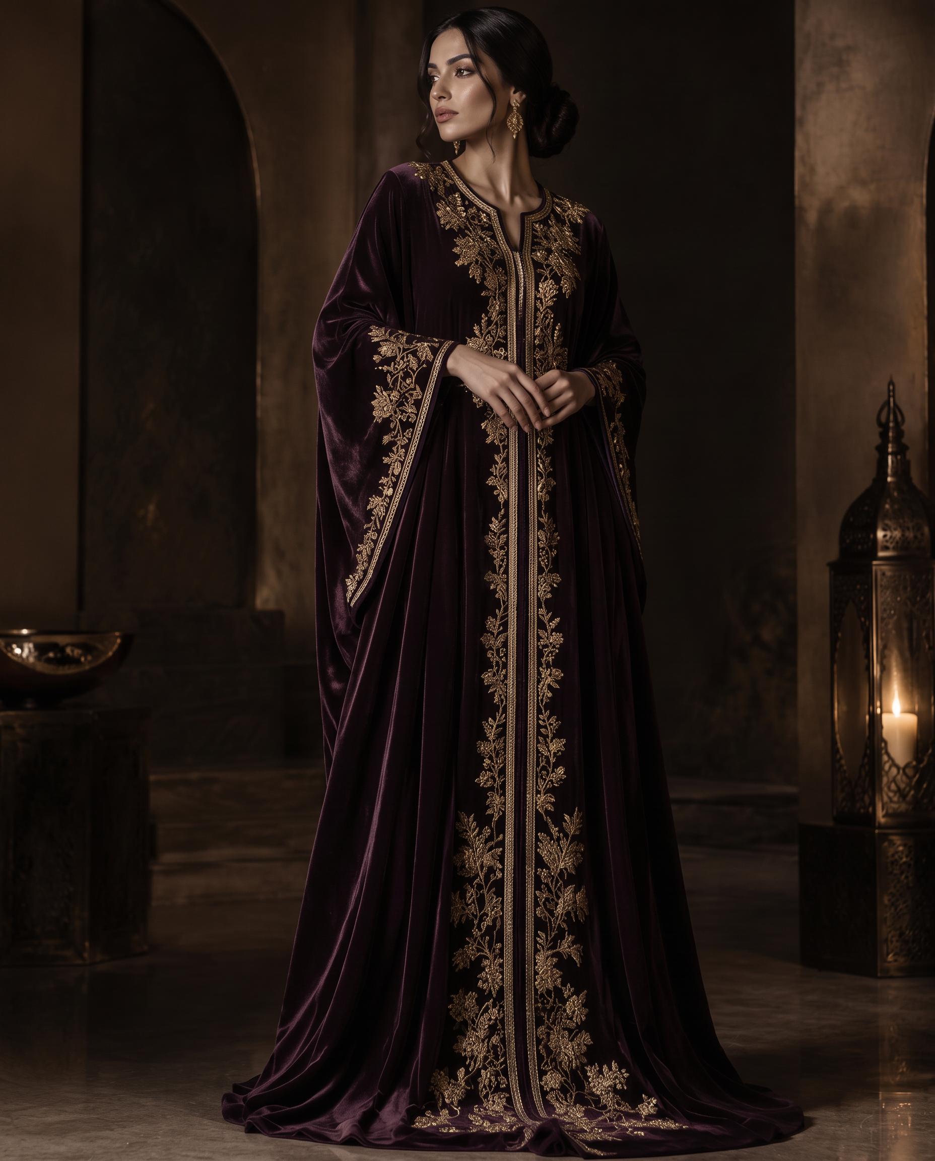 Plum velvet kaftan with gold embroidery