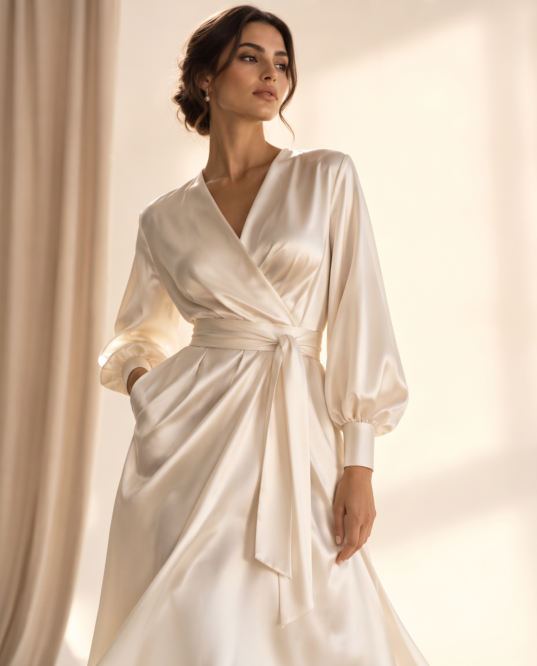 Woman wearing an ivory satin wrap dress